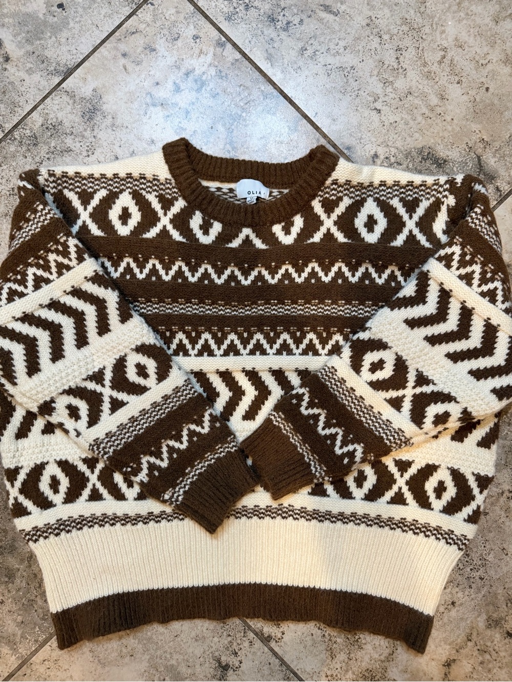 OLIA Brown & Cream Fair Isle Geometric Knit Sweater